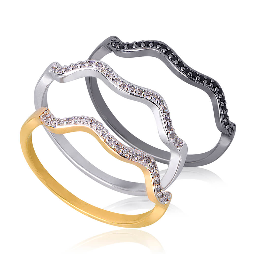 Anel Trio em Ouro Amarelo, Branco e Negro com Diamantes e Safiras