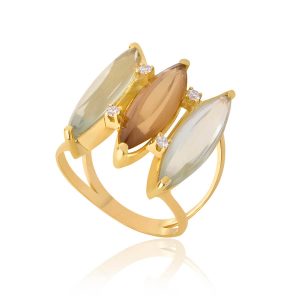 anel ouro com ametista, quartzo e diamante