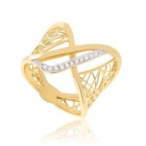 anel telado vazado ouro com diamantes