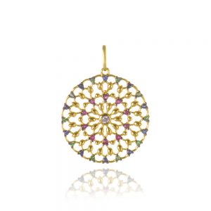pingente mandala ouro com diamantes, safiras, tsavoritas e rubis