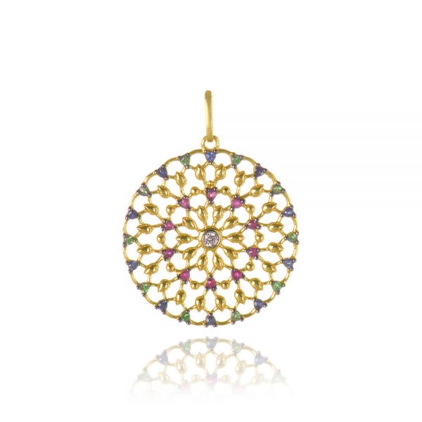 pingente mandala ouro com diamantes, safiras, tsavoritas e rubis
