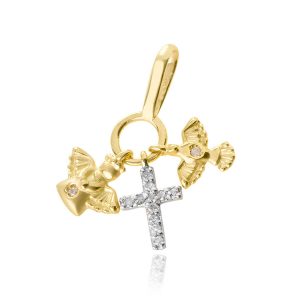 pingente ouro divino espirito santo, cruz e anjo com diamante